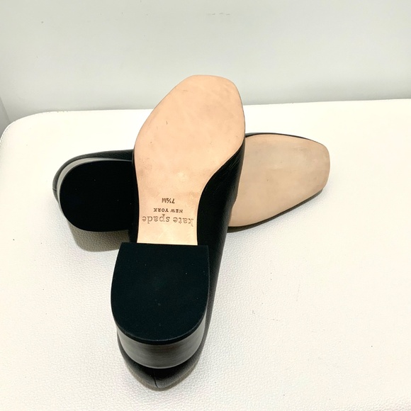 Kate Spade Gabby Black Leather Block Heel Loafer Square Toe Shoes Gold Chain 7.5 - Picture 7 of 8